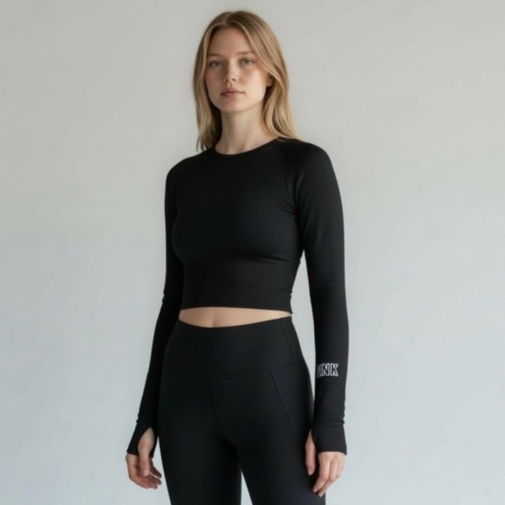 PINK Victoria's Secret Seamless Black Long Sleeve Crop Top XS